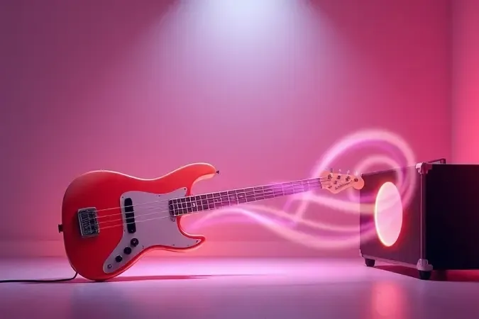 Onda sonora conceitual fluindo de um baixo para a pedaleira e amplificador em cores quentes e frias
