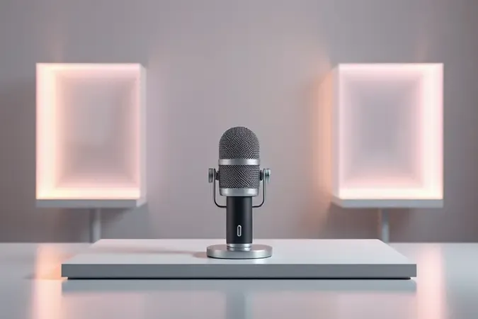 Microfone sem fio sobre mesa minimalista cercado por painéis flutuantes de vidro fosco com formas de luz abstratas