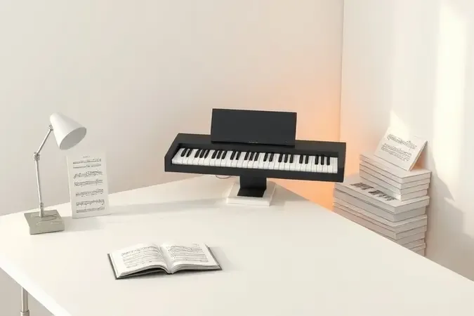 Piano digital conceitual em ambiente de estudo minimalista com teclado e mesa de prática