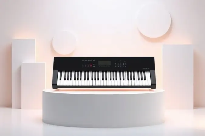 Piano digital conceitual renderizado sobre pedestal com painéis geométricos, representando comparação de modelos