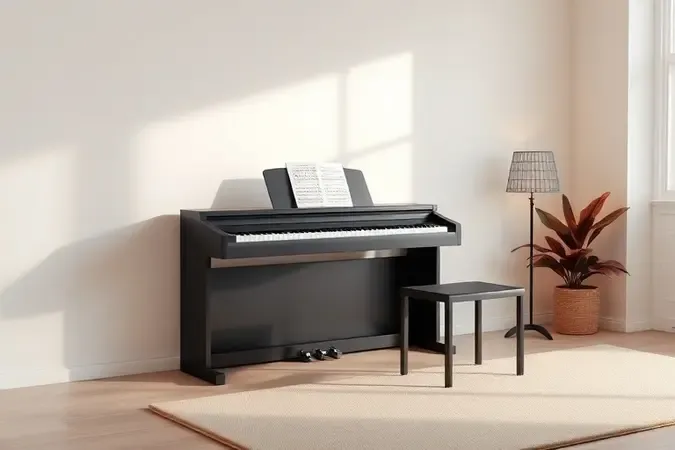 Piano digital moderno em sala de estar minimalista com cavalete musical e iluminação quente