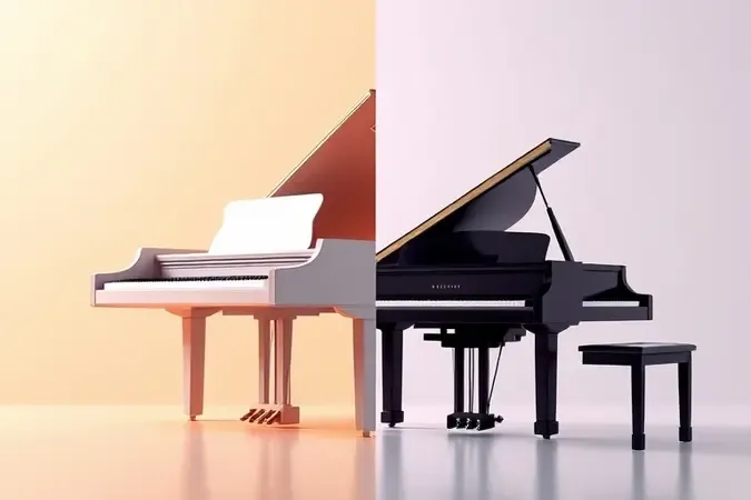 Comparação conceitual entre piano digital estilizado e silhueta abstrata de piano acústico com gradiente de luz