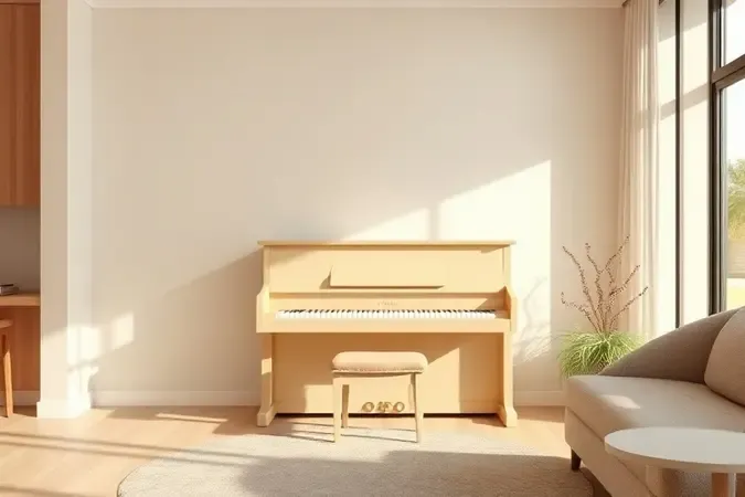 Piano compacto integrado a uma sala moderna minimalista e acolhedora com iluminação natural suave