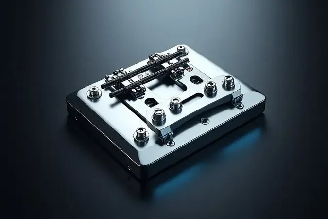 Ponte fixa e mecanismo de tremolo com travamento em metais usinados renderizado em conceito 3D premium