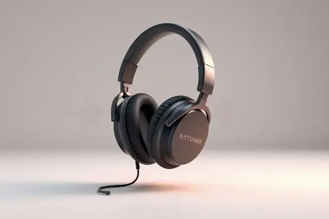 Par de fones de estúdio premium com ondas sonoras fluindo, em estética conceitual limpa e moderna