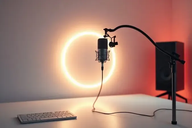 Render 3D de microfone sobre braço articulado apontado para a fonte sonora, demonstrando posicionamento ideal