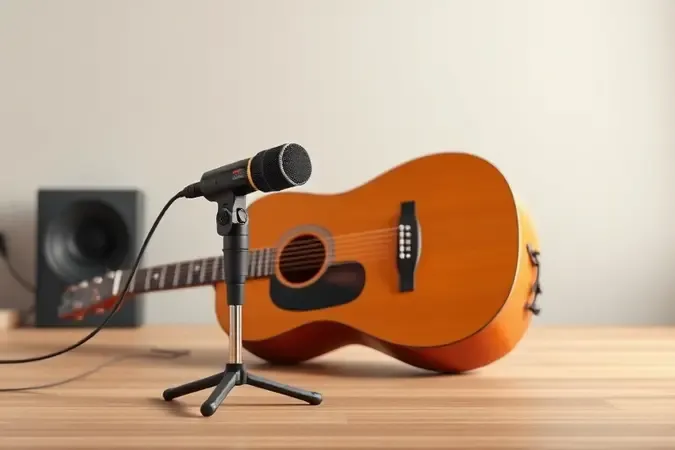 Microfone posicionado próximo ao corpo de um violão para captação de som