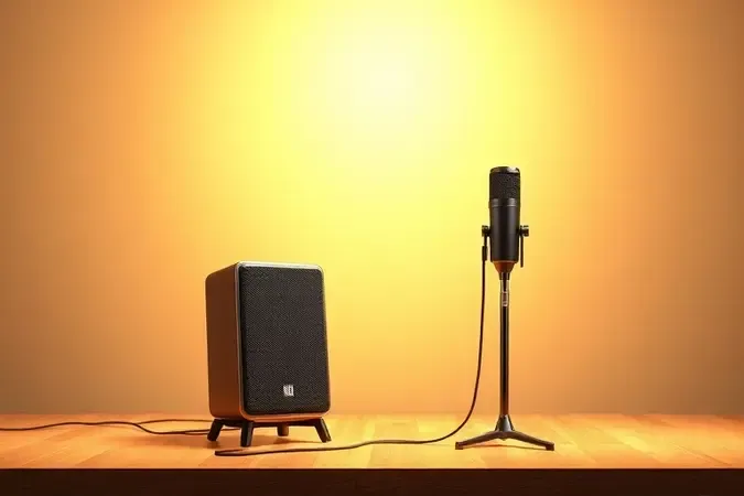 Caixa de som acústica e microfone posicionados em palco conceitual com iluminação quente