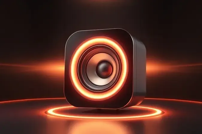 Ondas sonoras luminosas irradiando de uma caixa de som moderna, ilustrando potência e qualidade de áudio.