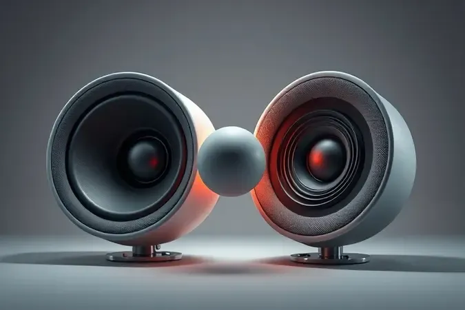 Duas caixas de som em render 3D ilustrando equilíbrio entre potência e qualidade de áudio.