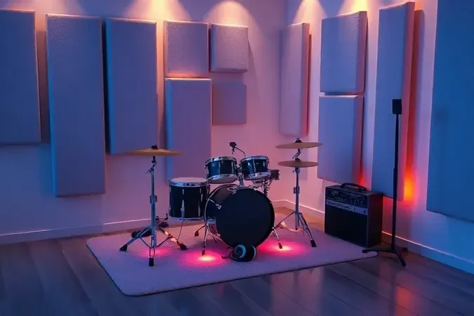 Render 3D de bateria eletrônica infantil com fones sobre manta antirruído em canto de apartamento