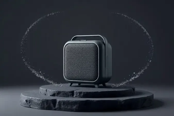 Caixa de som portátil em render 3D com água e partículas, ilustrando proteção IP.
