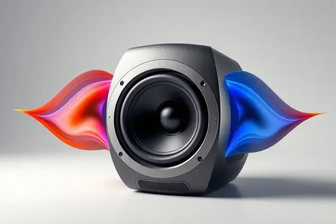 Render 3D de drivers e ondas sonoras que representam a qualidade de áudio em caixa Bluetooth.