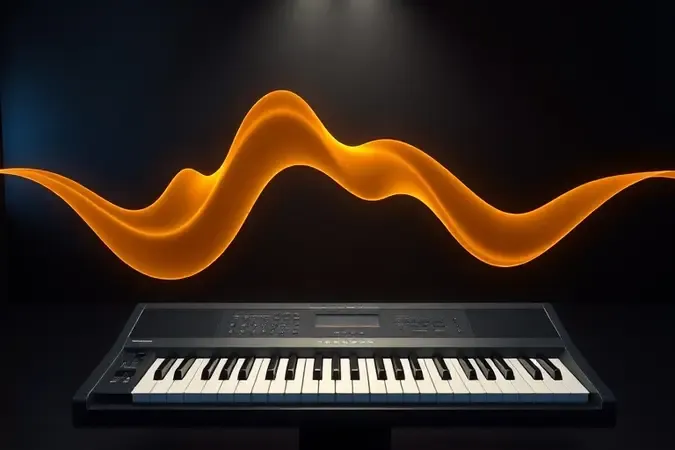 Conceito de qualidade sonora com ondas sonoras elegantemente em render 3D premium sobre teclado moderno