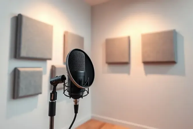 Espaço de gravação de podcast com painéis acústicos e microfone em 3d render para redução de ruídos e melhor captação.
