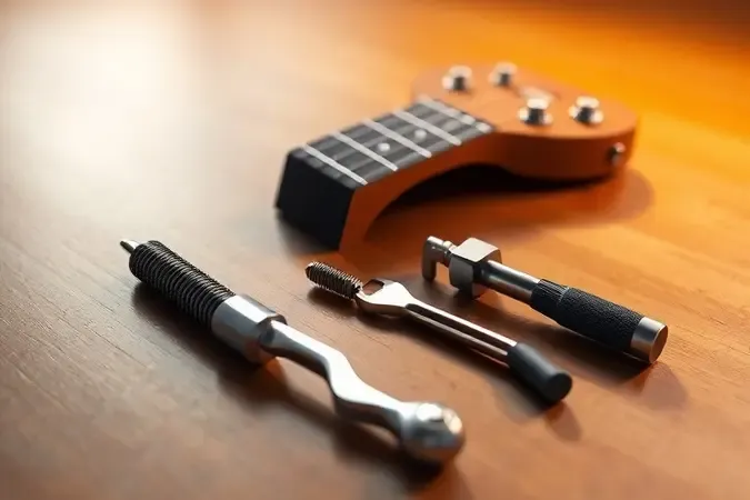 Render conceitual de ferramentas modernas e chave Allen para a regulagem anual da guitarra de forma profissional.