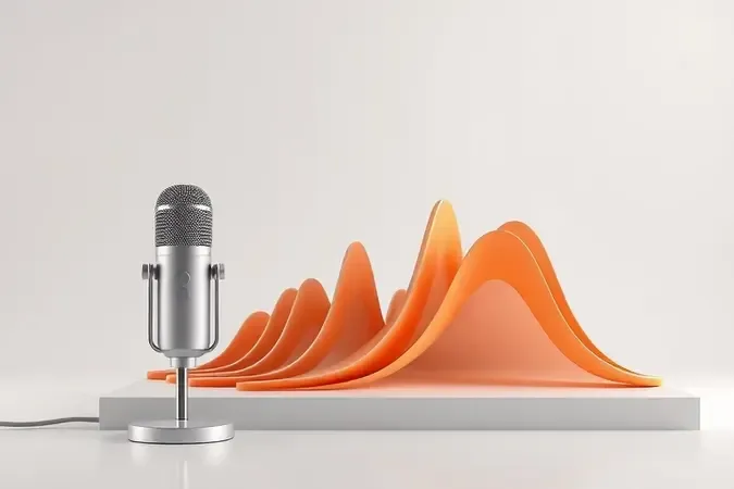 Render conceitual de microfone com curvas abstratas de resposta de frequência em estúdio moderno