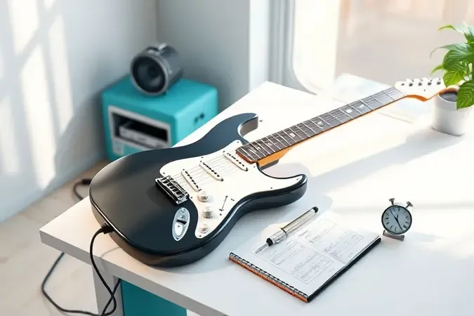 Rotina de estudo com guitarra em mesa organizada e iluminada para prática diária de iniciantes.