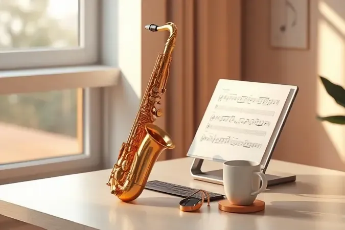Rotina de estudo de saxofone em render conceitual com partitura, metrônomo e mesa iluminada por janela