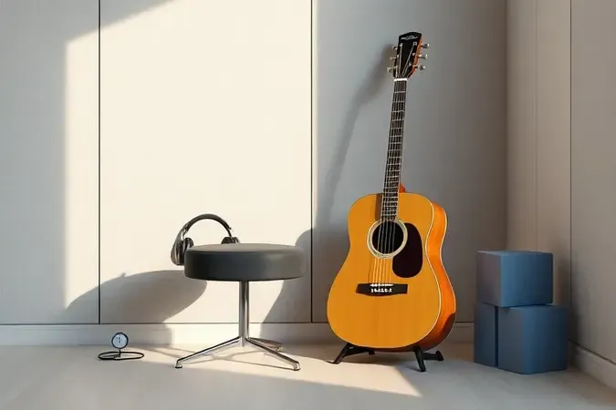 Cantinho de estudo com guitarra, metrônomo e elementos visuais que representam prática musical constante.