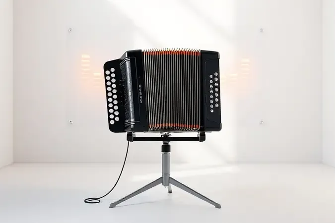 Render conceitual de sanfona sobre estante musical em estúdio iluminado com barras de som sutis para teste antes da compra
