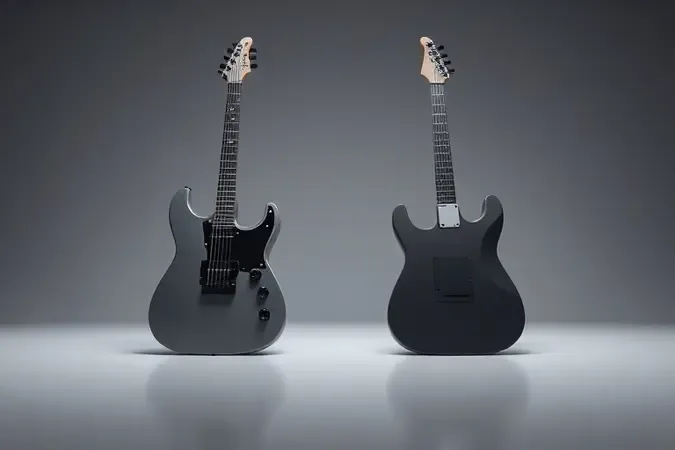 Comparação conceitual premium de duas guitarras elétricas frente a frente em superfície espelhada