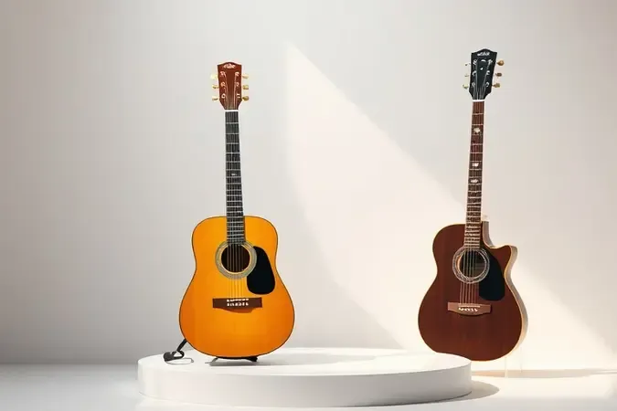 Comparação conceitual de escala entre guitarra infantil pequena e guitarra grandse em render 3D elegante.