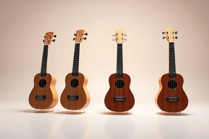 Comparação conceitual dos quatro tamanhos de ukulele para iniciantes em render 3D com madeira texturizada