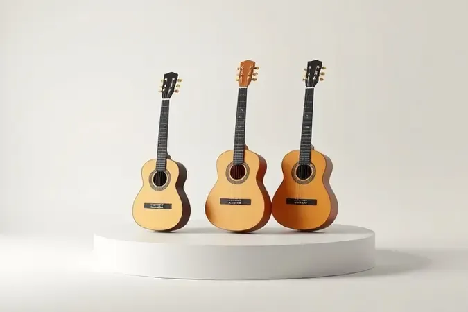 Violões infantis em diferentes tamanhos apresentados em render 3D conceitual para guia de escolha
