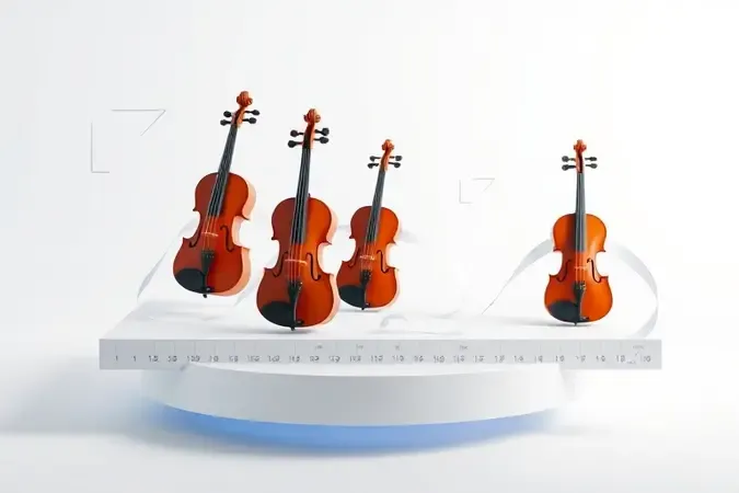 Três violinos infantis de tamanhos diferentes em plataformas flutuantes representando proporções por idade