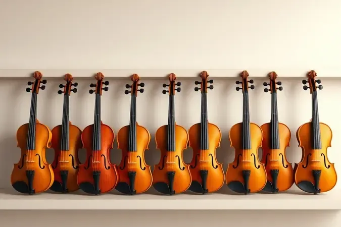 Sequência de violinos de tamanhos diferentes organizados em uma estante minimalista com iluminação difusa elegante.