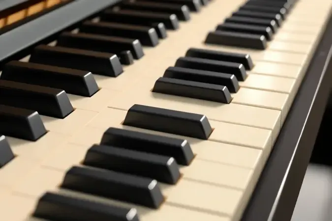 Primeiro plano conceitual do teclado de piano evidenciando toque sensível ao dedo e respostas táteis