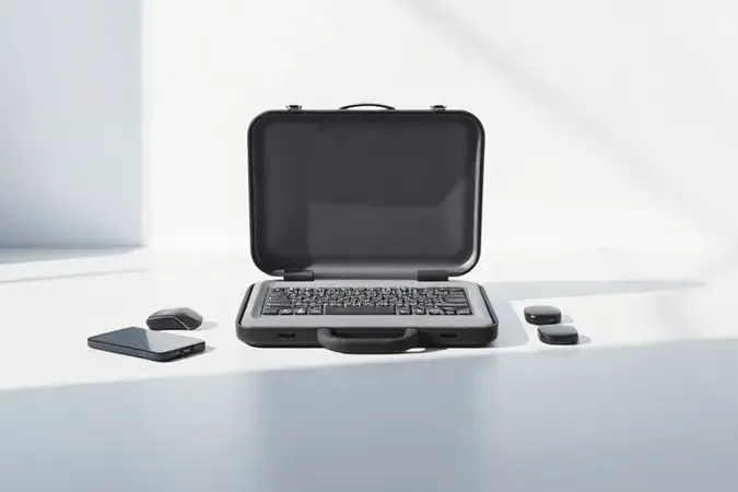 Teclado fino 3D sobre superfície leve ao lado de case protetor premium, cena de portabilidade