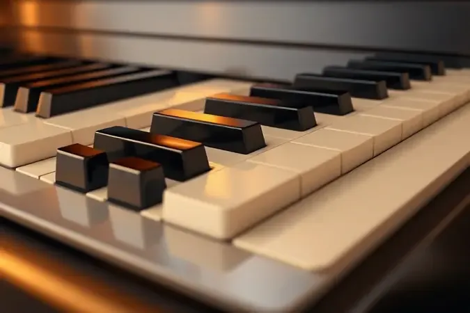 Close-up 3D de teclas de piano em madeira clara sobre superfície escura com luz quente