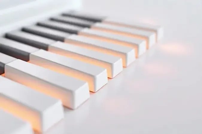 Detalhe em macro de teclas de teclado musical com suave brilho luminoso representando sensibilidade ao toque e polifonia