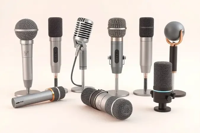 Composição de microfones modernos de diferentes tecnologias em render 3D