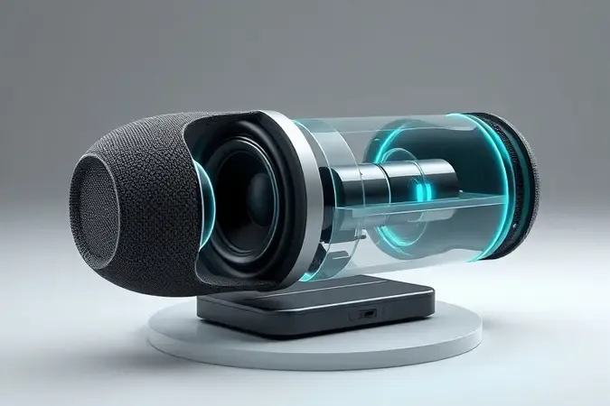 Render 3D das tecnologias de caixa de som Bluetooth com drivers, conexão sem fio e proteção contra água.