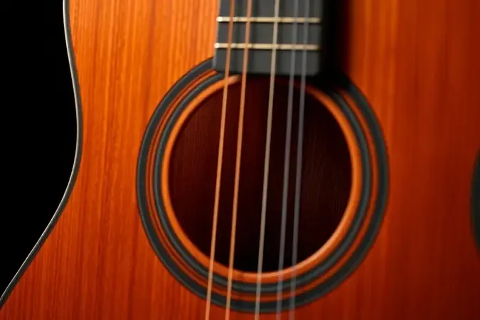 Render conceitual com camadas de madeira de um violão clássico exibindo textura quente e acabamento elegante