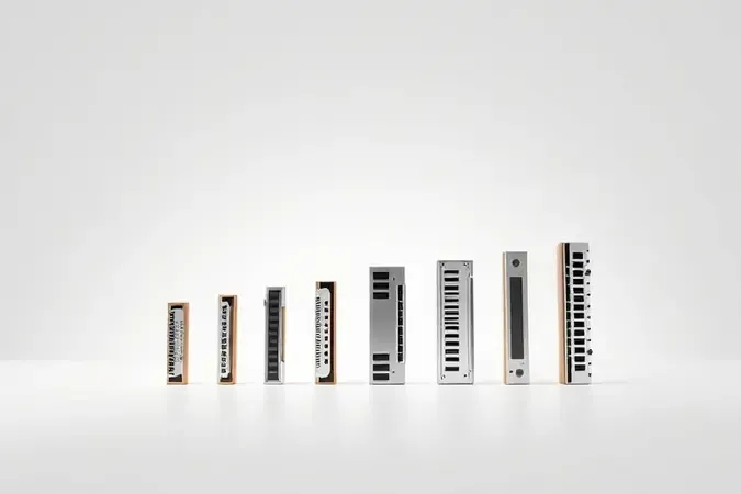 Diferentes tipos de gaitas de boca exibidas em fila crescente sobre superfície branca minimalista em render 3D