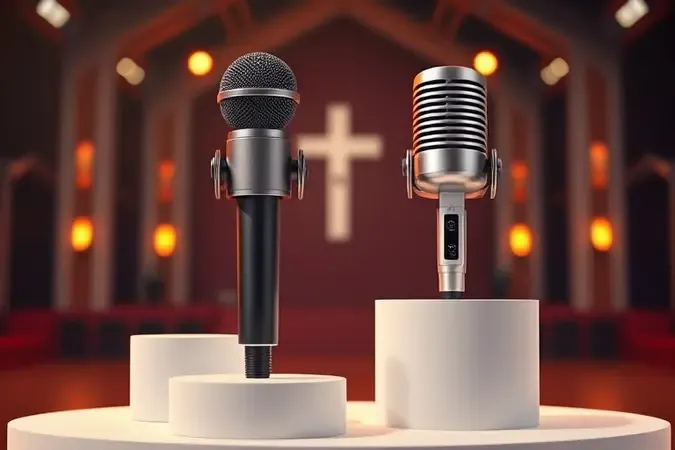 Tipos de microfones para igreja em conceito 3D premium sobre pedestais limpos e minimalistas