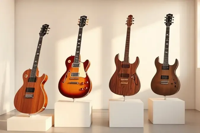 Render 3D compara formatos de guitarras elétricas e seus estilos de corpo mais comuns.