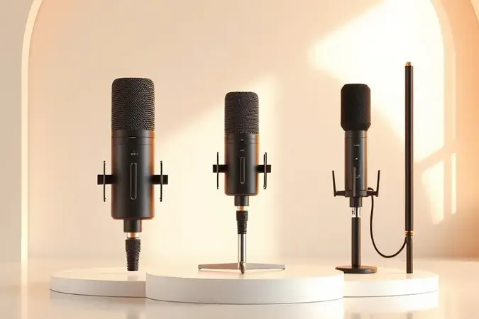 Tipos de microfones para podcast em 3d render, incluindo modelos condensador, dinâmico e shotgun em arranjo limpo e moderno.