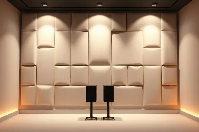 Painéis acústicos geométricos elegantes em parede de estúdio moderno com iluminação ambiente suave