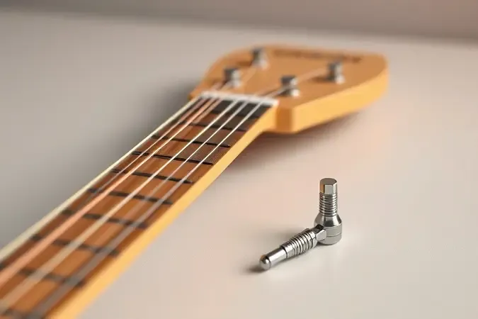 Detalhe conceitual do braço e tarraxas de violão de nylon com cordas novas e ferramenta de afinação