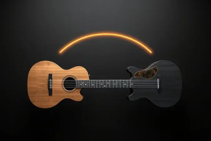 Contraste conceitual entre instrumentos acústico e elétrico flutuantes com iluminação sofisticada para guia de ukulele