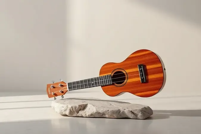Ukulele concert em render conceitual premium flutuando sobre pedra polida com luz suave e madeira trabalhada