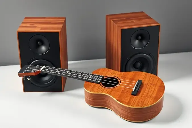Ukulele eletroacústico conceitual com palhetas e caixa acústica em render 3D com iluminação profissional