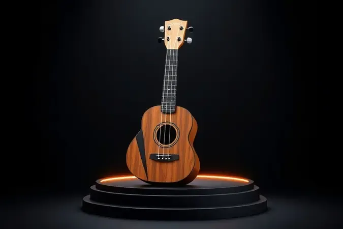 Render conceitual de ukulele com metades de madeira e plástico simbolizando diferença de materiais e som