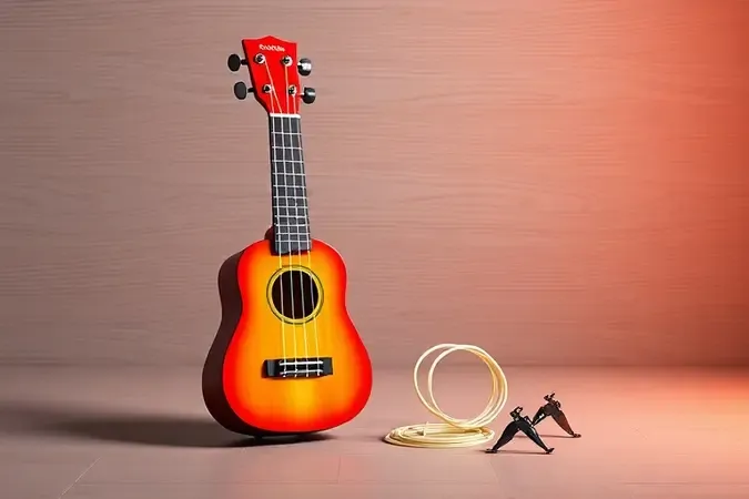 Ilustração conceitual de ukulele soprano colorido com cordas de nylon sobre superfície de madeira
