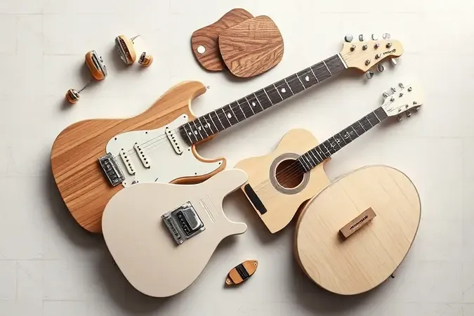 Composição conceitual com tipos de guitarra, madeira, captadores e componentes para entender a escolha do instrumento.